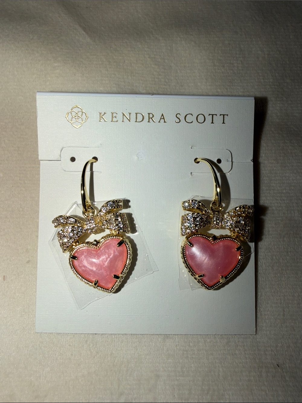 Kendra Scott Gold Bow Pink Heart Drop Earrings